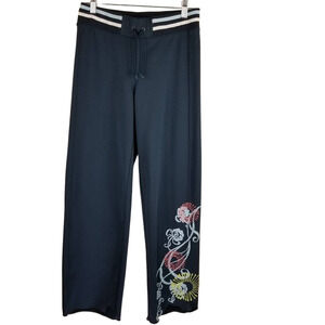 Athleta Navy Blue Yellow/Pink/Blue Floral Design Wide Leg Pants Women's Small